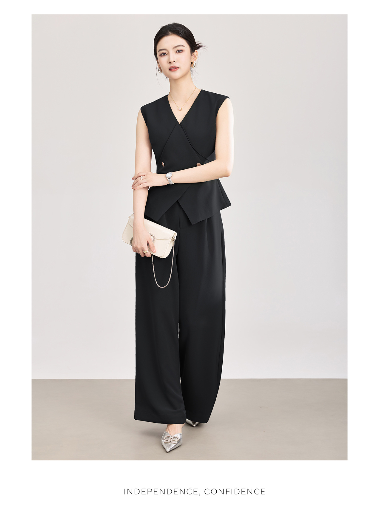 Set áo vest không tay dây buộc + quần ống rộng công sở nữ phong cách hiện đại — màu đen chi tiết 19