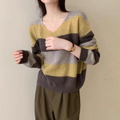 韩版高级感宽松拼色针织衫女秋冬季2025年慵懒风撞色V领毛衣百搭