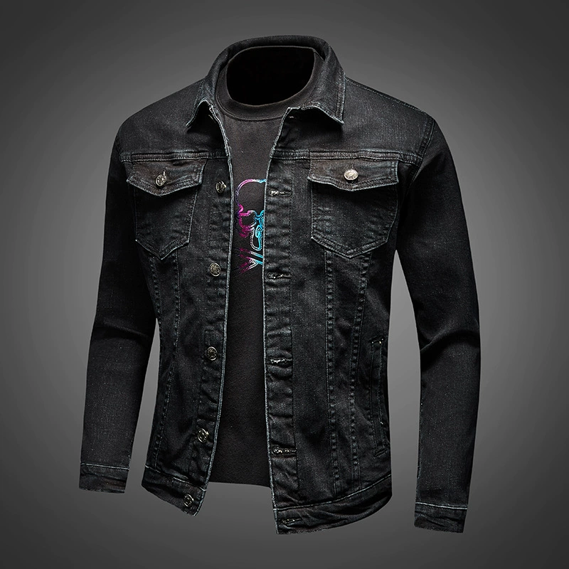 Demi-season elastic denim fitted jacket, long-sleeve, for import, 2021 collection