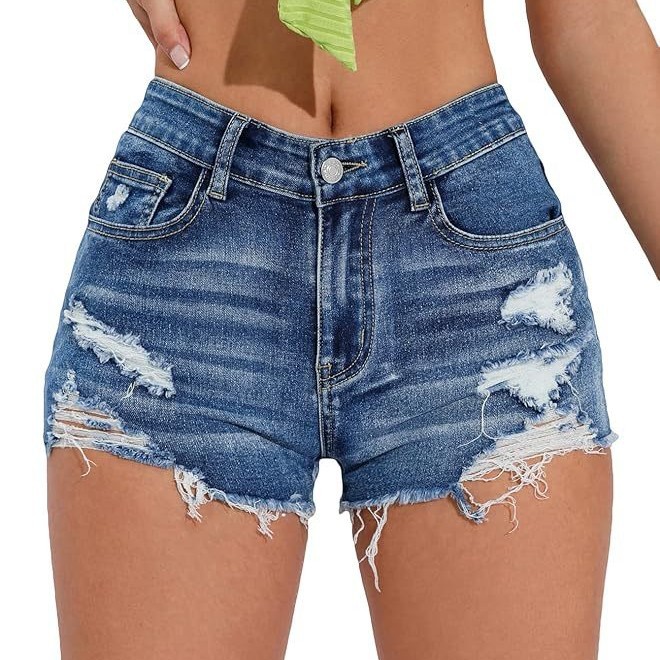 Dameskleding Damesmode Gewassen denim shorts met gaten en elastische tailleband, driepuntsbroek voor formele en casual gelegenheden voor vrouwen_voghion.com