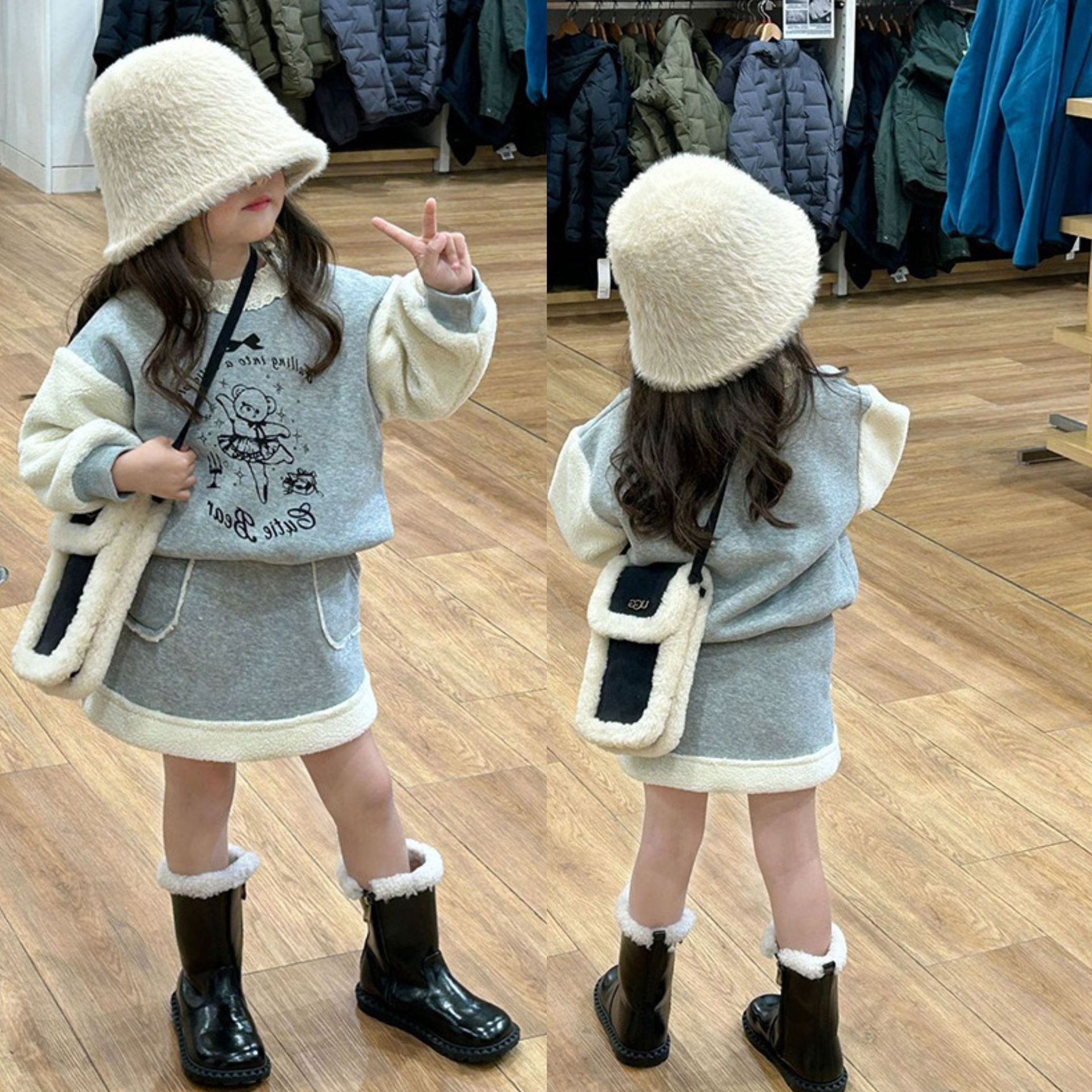 Girls suit autumn and winter new foreign style lace collar fleece-lined sweater skirt 2-piece set for children a generation of hair