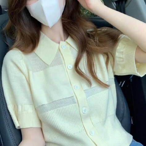 Yellow Polo Collar Short-Sleeved Knitted Top for Women, Summer 2024 New Style, Pure and Simple, Versatile, Elegant Ice Silk Cardigan