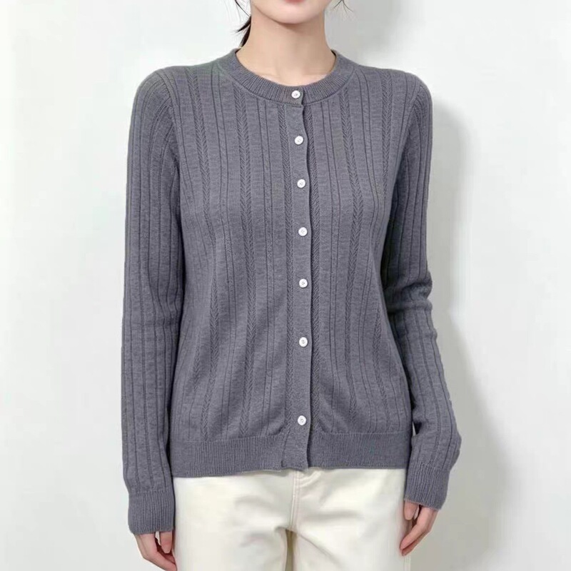 Six-Wool Early Autumn Round Neck Knit Cardigan with Vertical Rib Texture, Single-Breasted, Long-Sleeved, Slim-Fit, Commuting Layering Cardigan for Women Six-Wool Early Autumn Round Neck Knit Cardigan with Vertical Rib Texture, Single-Breasted, Long-Sleeved, Slim-Fit, Commuting Layering Cardigan for Women