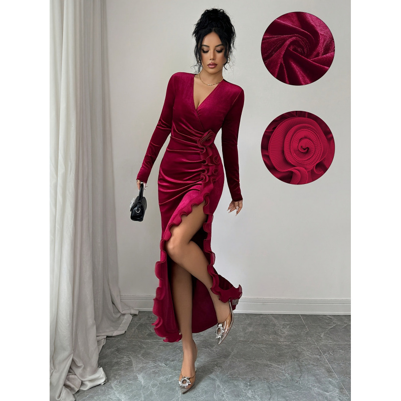 外贸女装女士秋冬季新款优雅通勤V领腰部缩褶侧开衩花边丝绒纯色