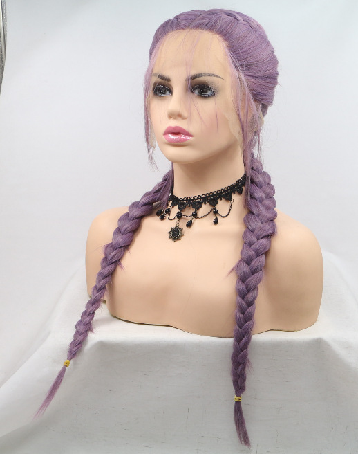 Fibra química europea y americana frente encaje cubierta de pelo de trenza púrpura peluca fabricantes LW0259