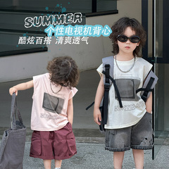 Baby Summer Short Sleeve T-Shirt Thin Men's Summer Version Korean Style Children's Clothing 2024 New Children's TV Backless Shirt