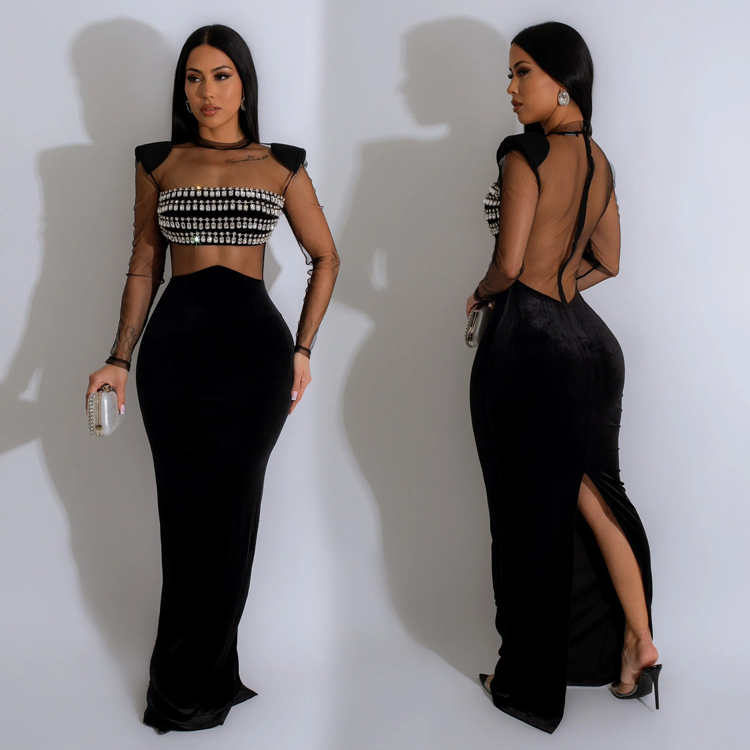 C6823 transfronteriza AliExpress Amazon moda europea y americana de las mujeres de color sólido de malla rhinestone Vestido de manga larga vestido image 3