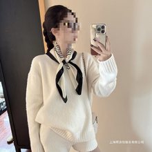 慵懒松弛感套装奶白色宽松长袖套头毛衣女冬季针织直筒短裤两件套