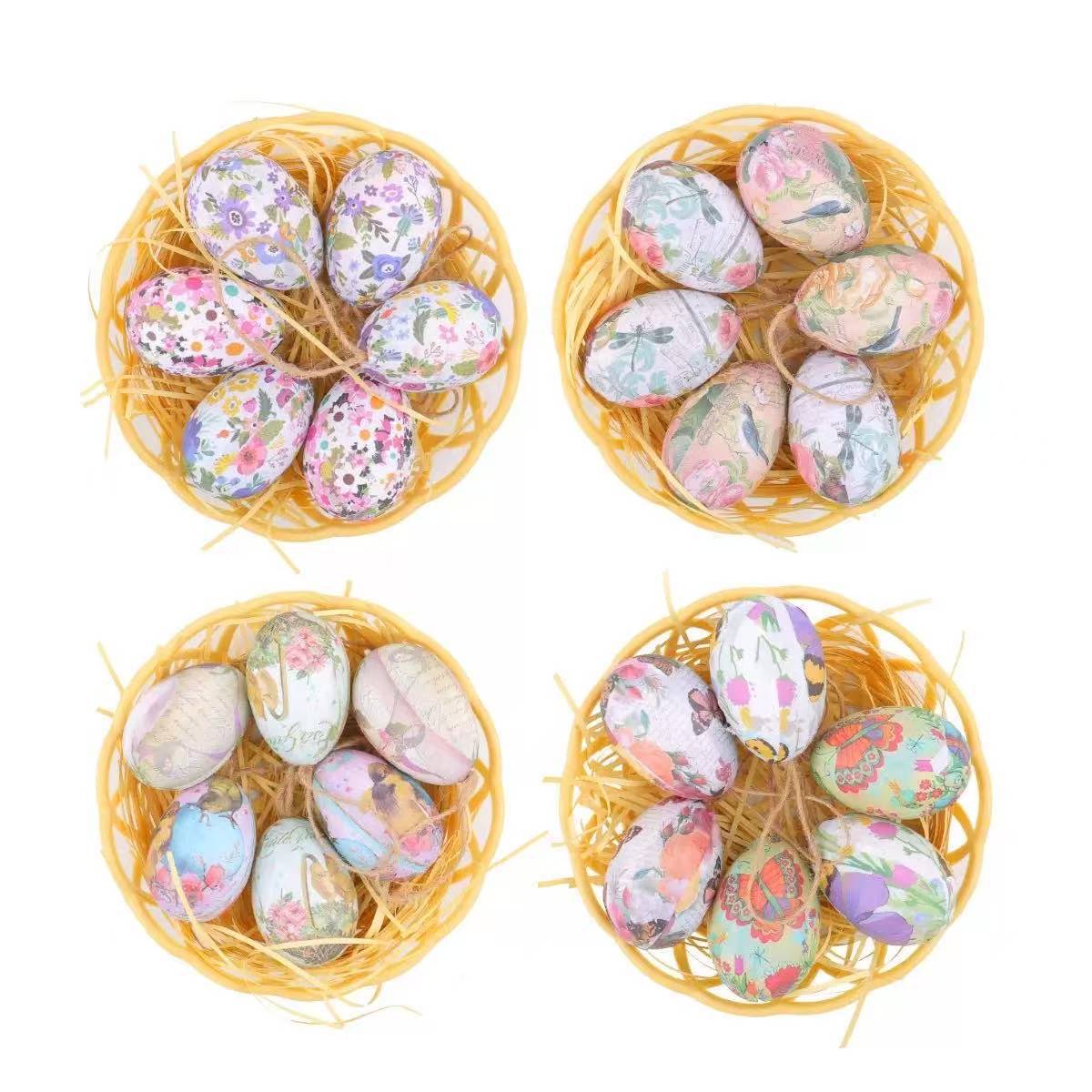 Cross-Border Popular Easter Egg Ornaments, Woven Basket Painted Egg Decoration, Easter Egg Flower Basket Props and Ornaments