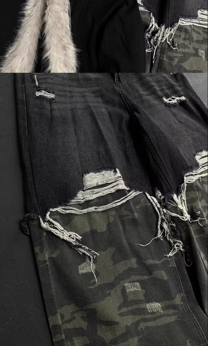 Men's Baggy Ripped Jeans Camouflage Patchwork Distressed Denim_voghion.com