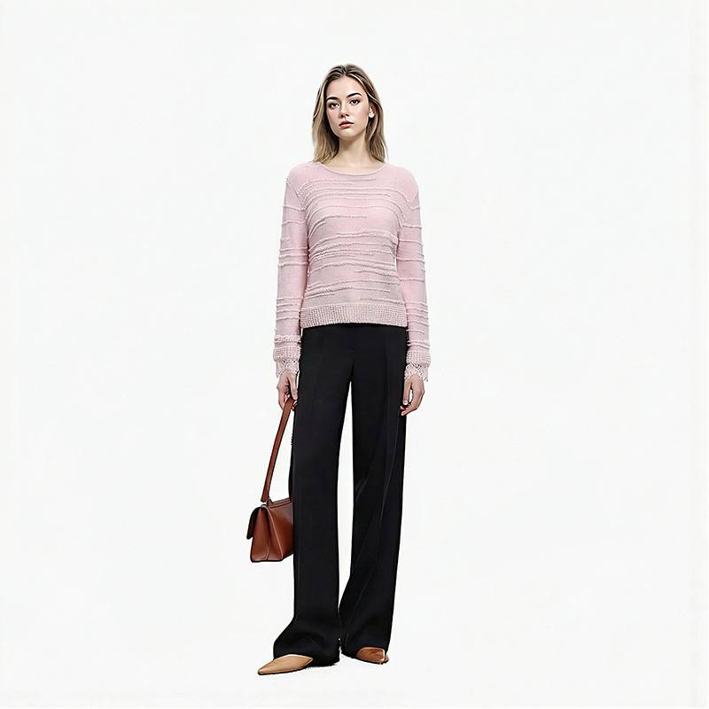 Nanyou High-End Wholesale Spring and Autumn Elegant Ladylike Pink Round-Neck Long-Sleeve Pullover Lace Alpaca Wool Knit Sweater