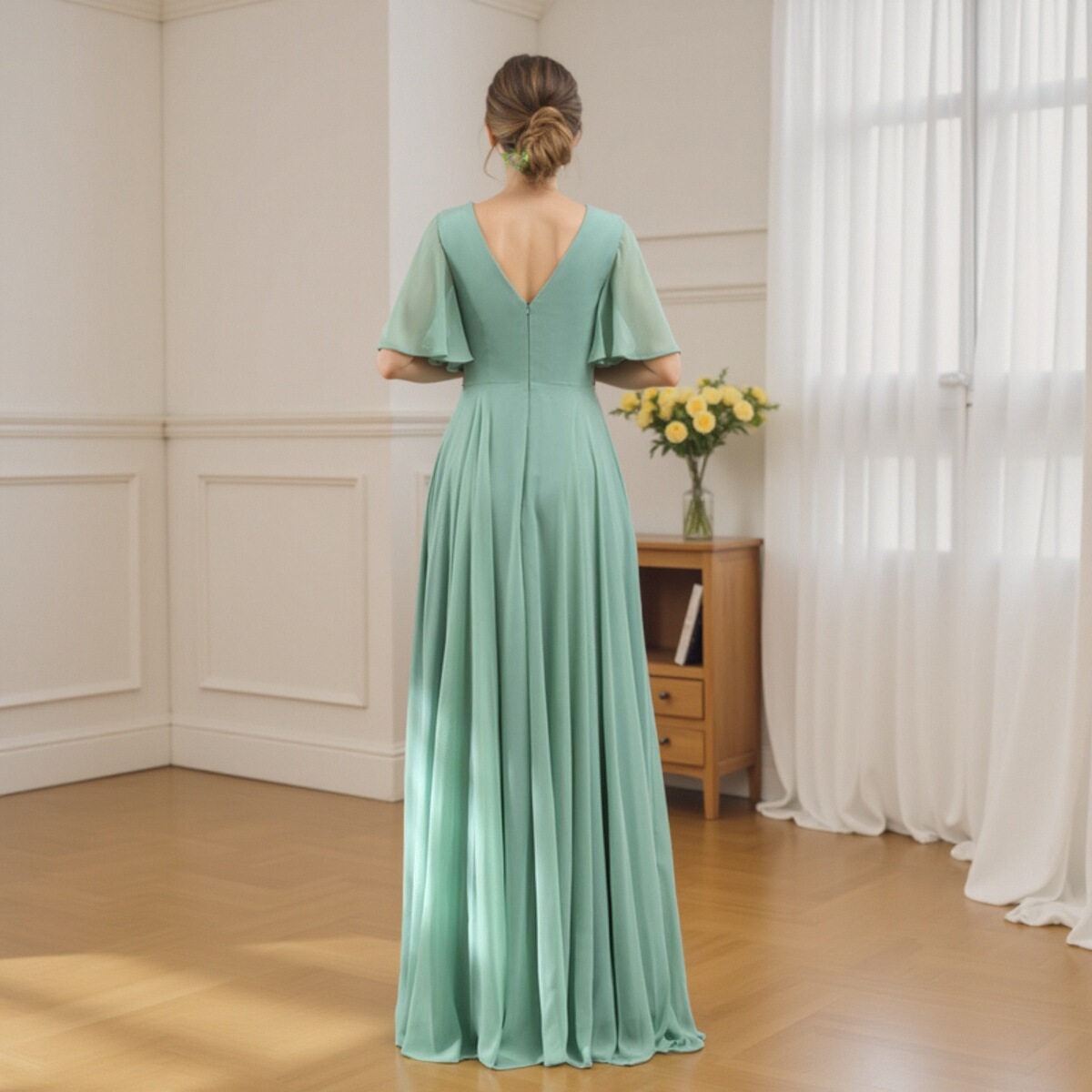 Verano nuevo vestido de noche de chiffon europeo y americano V-collar mangas mariposa novia vestido de damas de honor anfitriona de la fiesta vestido largo