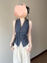 法式V领蝴蝶结绑带蓝色格子衬衫背心女夏季辣妹外穿修身无袖上衣