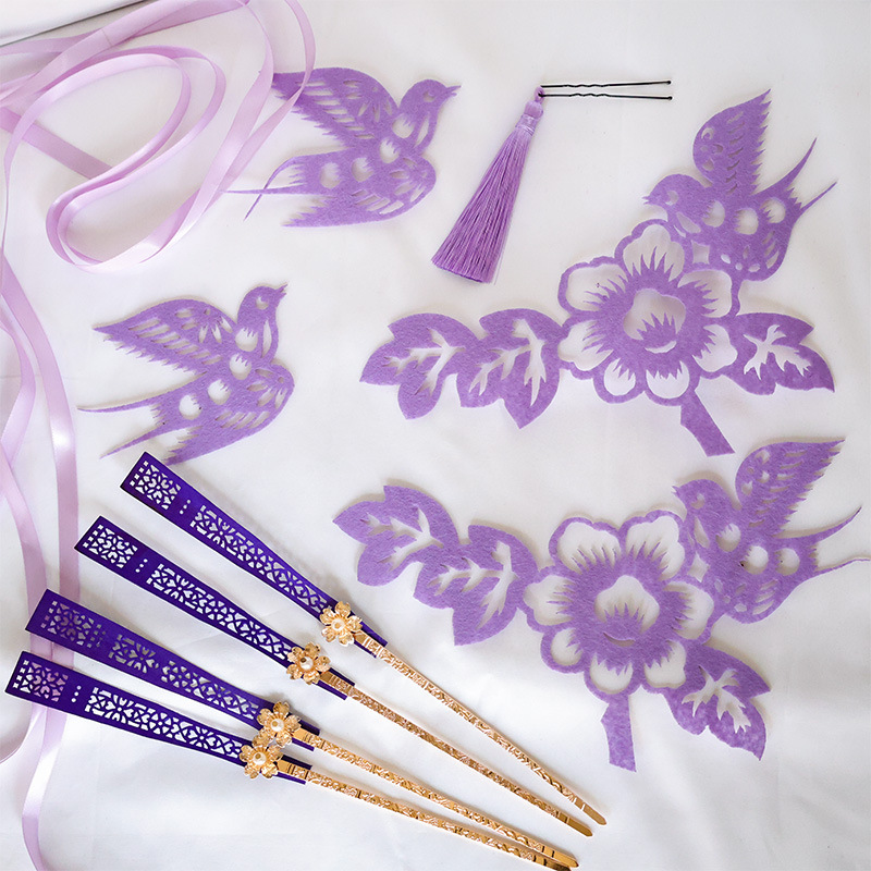 Patrimonio cultural intangible púrpura cortar papel tradicional toque de cabeza de gaza antiguo estilo chino pinzas de cabello nueve días Xuan mujer accesorios de modelado