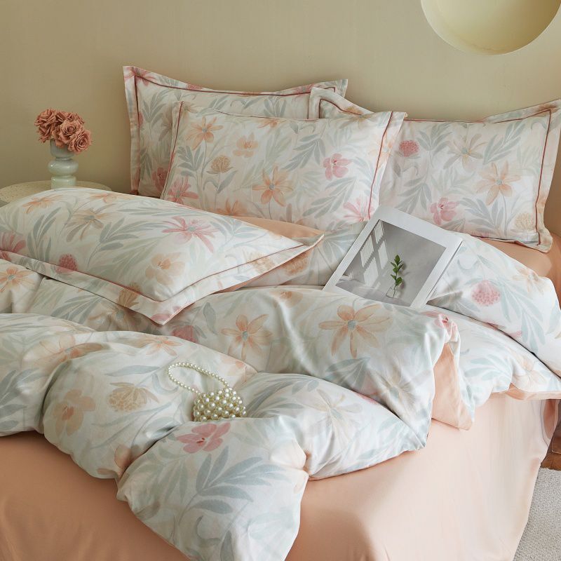 Minimalist American-Style All-Cotton Brushed Bedding Set of Three or Four Pieces, Pastoral Style Autumn and Winter Floral Duvet Cover, Bed Sheet, Fitted Sheet, and Bedding