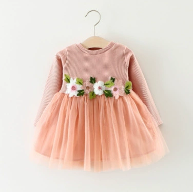 Demi-season long-sleeve dress for girls, floral applique tulle skirt, sizes 70–100
