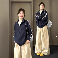 山东即墨卫衣藏青色两条杠女立领上衣复古棒球服秋夹克显瘦外套