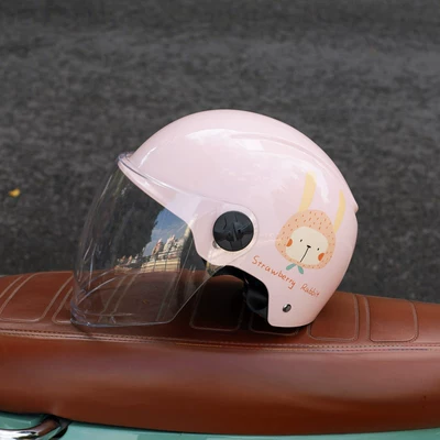 Standard 3C Certified Electric Vehicle Helmet, Motosiklet kaskı (dəbilqə) - 802-pink-strawberry-rabbit-transparent-long-mirror-3c-certification-one-size