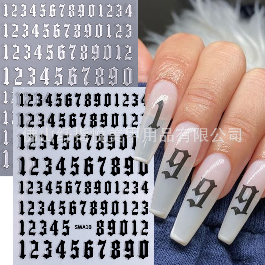 跨境热款美甲贴纸批发 ins哥特风数字字母贴黑白金银甜酷指甲贴花