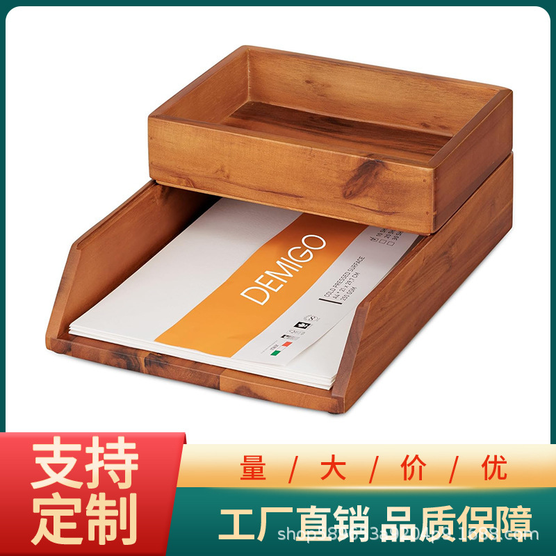 Solid Wood Desk Organizer Letter Tray 2-Piece Set Desktop Paper Letter Folder Notebook Organizer Box