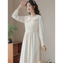 森系拼接裙子超仙大摆新款高腰娃娃领蕾丝雪纺连衣裙女少女秋季