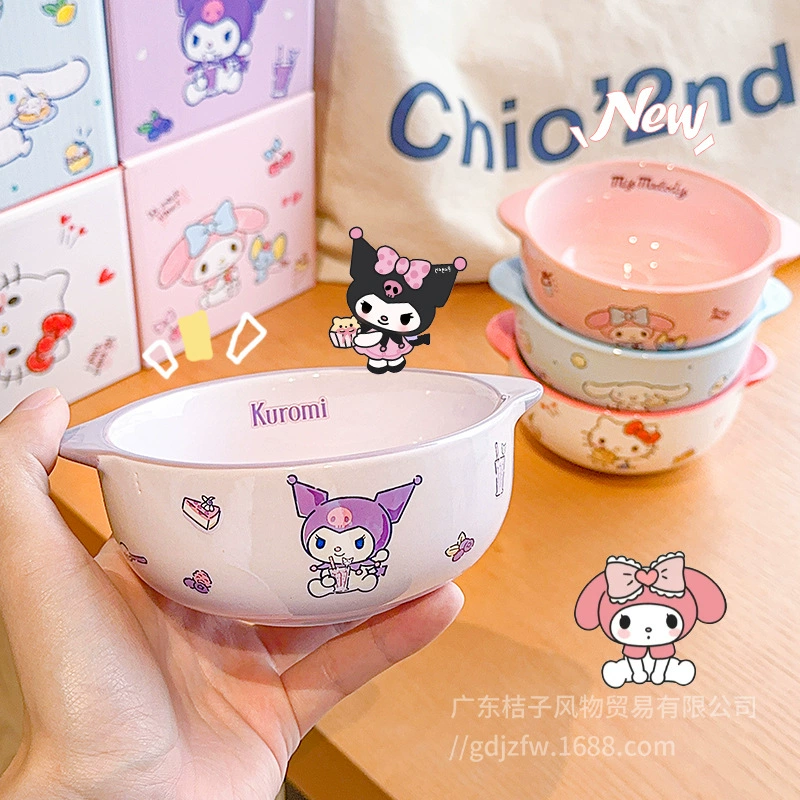 Детская миска Sanrio с двойными ушками, дом, новинка 2025 года, рисовая миска, мультяшная милая керамическая йогуртовая миска, миска для салата