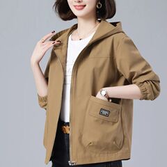 中年春秋季大码连帽宽松短外套女洋气减龄防风透气时尚单层夹克装