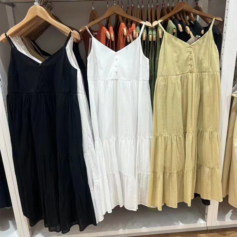 Spring and Summer Girl Skirt Women's Cotton Beach Suspender Dress Single-Breasted Fluffy Long Skirt New Style 466553