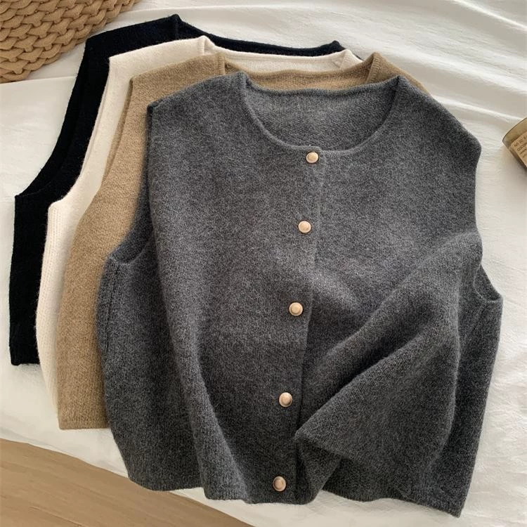 Жилет свободный трикотаж дикотаж модный новый тонкий дном повседневный дымчатый серый абрикос