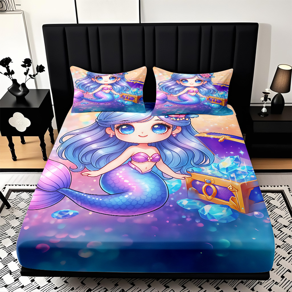 JIT modo Temu 3D impresión de caricatura sirena cama textil casera camisa ropa de cama tres piezas set transfronterizo mayorista