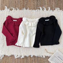 秋冬ins女童 双层荷叶领圆领打底毛衣 女宝宝坑条套头高弹打底衫