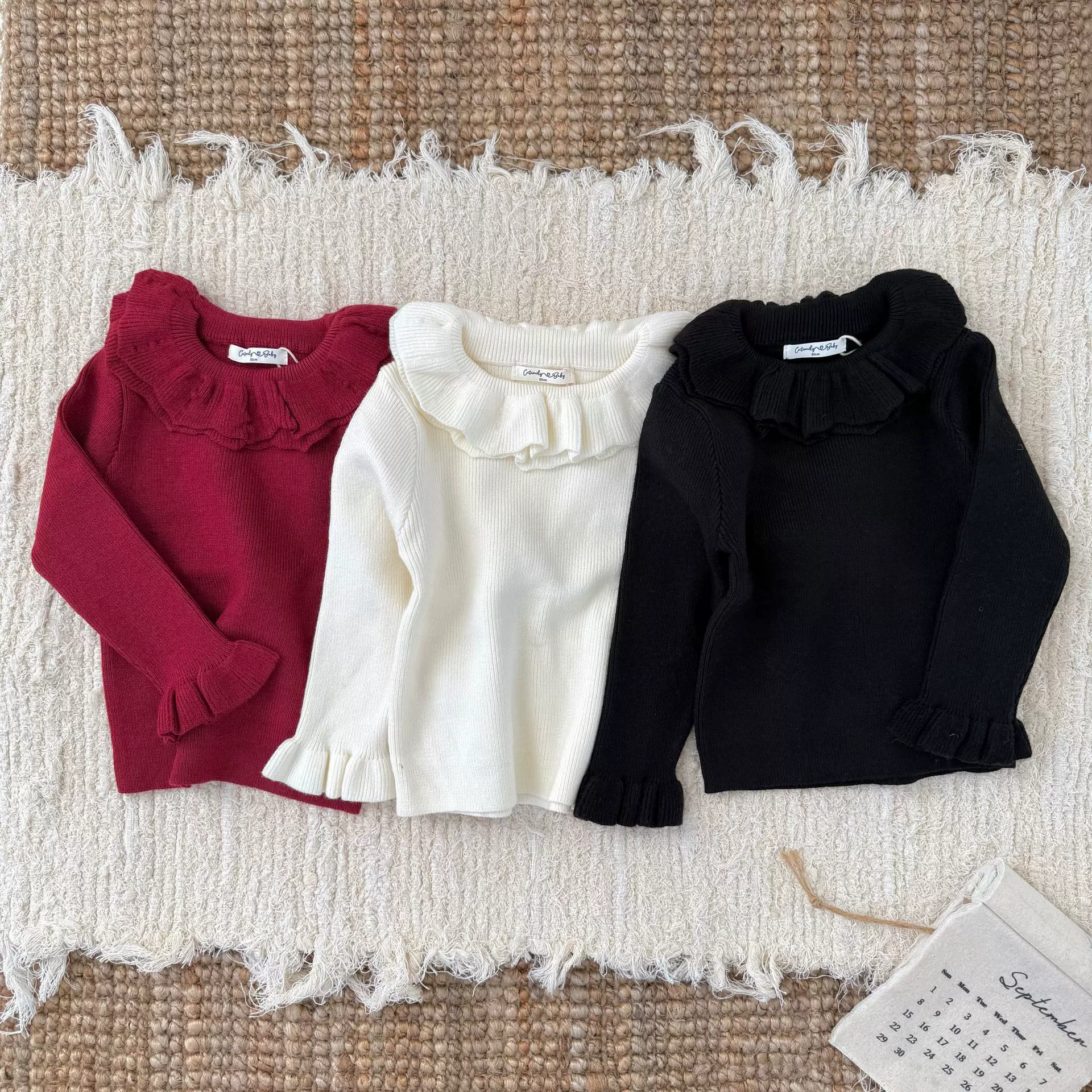 秋冬ins女童 双层荷叶领圆领打底毛衣 女宝宝坑条套头高弹打底衫