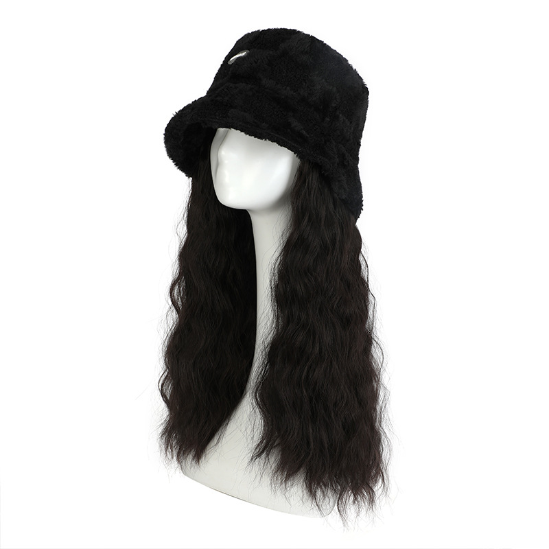 Hat, Wig, All-in-one Autumn and Winter New Plush Checkerboard Fisherman Hat, Corn Whisker Curly Hair, Women's Full Set Wig Hat_voghion.com