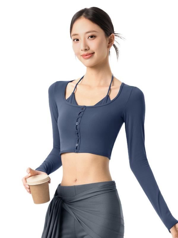 猫耳挂脖假两件长袖瑜伽服女带胸垫短款修身一体式运动健身服上衣|undefined