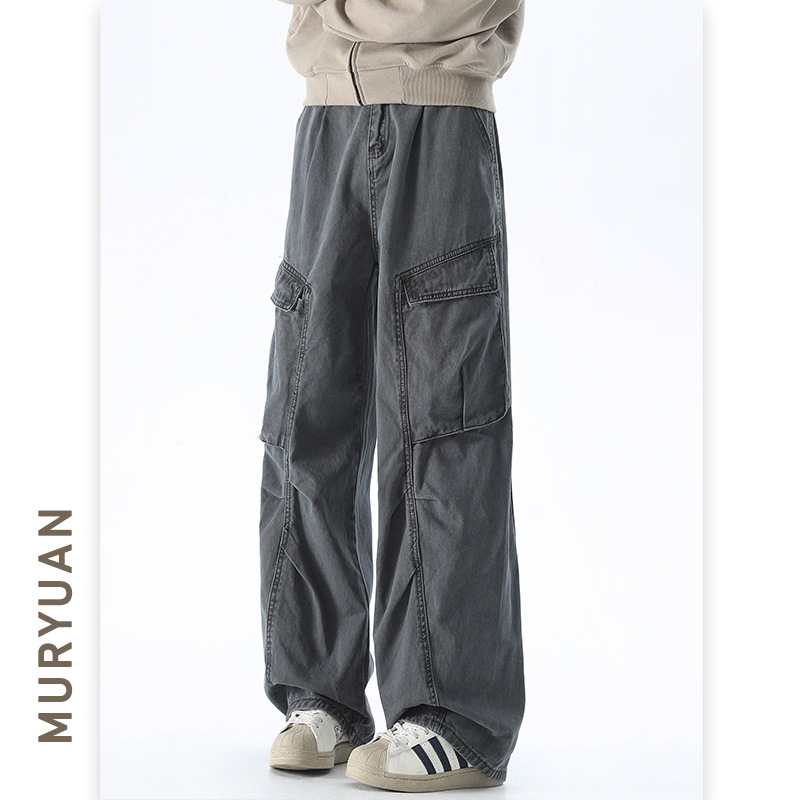 Mu Yuan Men's vintage Three-dimensional Large Pocket Crane Pants Men's Straight Loose Design Sense High Street Casual Pants