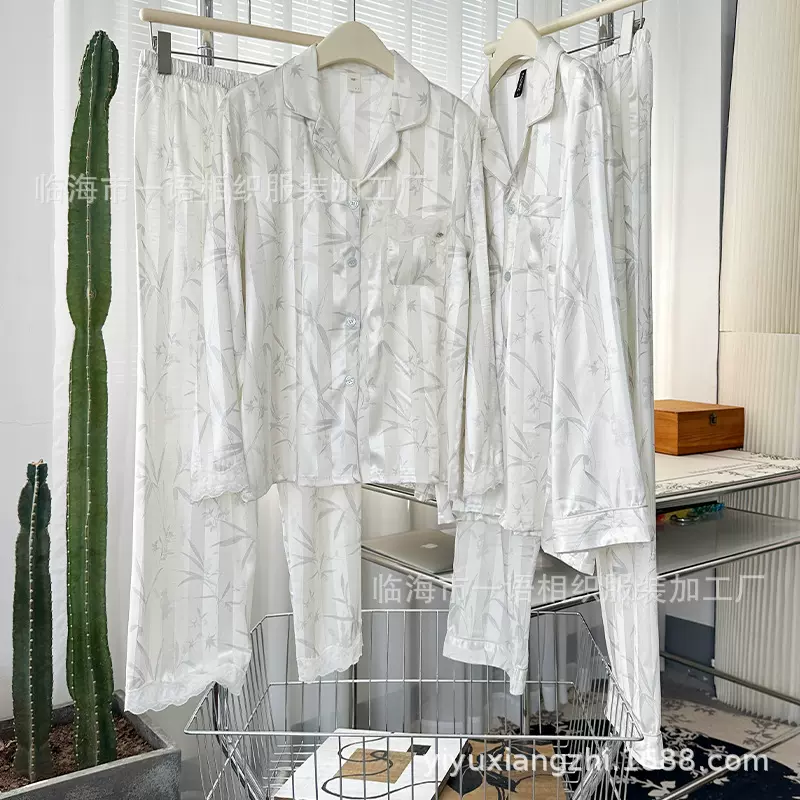 秋季新款南韩丝竹子蕾丝冰丝情侣睡衣 翻领薄款精致简约情侣套装