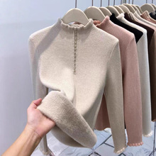 加绒毛衣半高领打底衫女秋冬内搭木耳边加厚一体绒针织衫保暖上衣