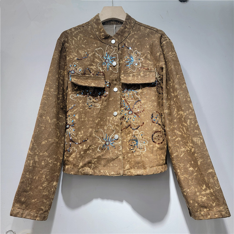 2026 primavera y otoño nuevo diseño de cuentas bordadas de industria pesada se siente lujoso cuello de lujo chaqueta denim de manga larga