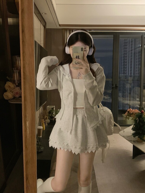 大码女装新款韩系拼接蕾丝收腰连帽卫衣外套+半身裙两件套|undefined