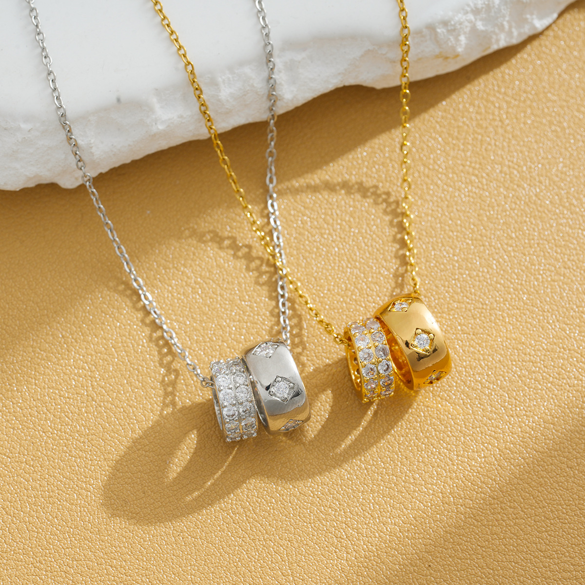 Cross-Border Sexy Double-Ring Full Diamond Big Waist Titanium Steel Necklace Women's Clavicle Chain Small Fresh and Cute Versatile Trendy Wholesale