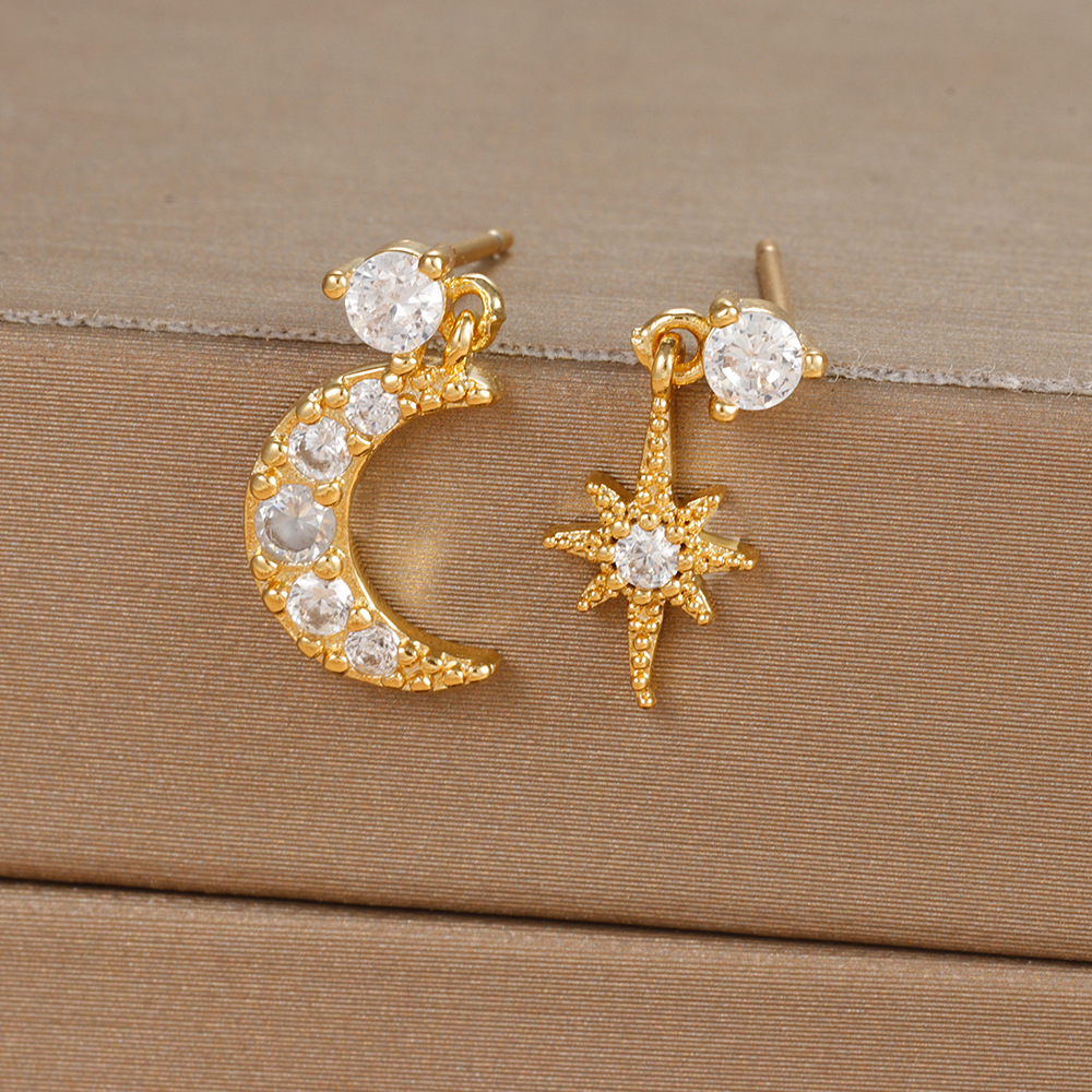 10g Weight 18K Gold Plated Plating Material Zircon Inlay Material Drop Earrings Classification 1 Pair Quantity Daily, Street Occasion Copper Material Star, Moon Pattern Women's Gender Asymmetrical, Plating, Inlay Design IG Style Style 1 Pair Ig Style Star Moon Asymmetrical Plating Inlay Copper Zircon 18k Gold Plated Drop Earrings 1