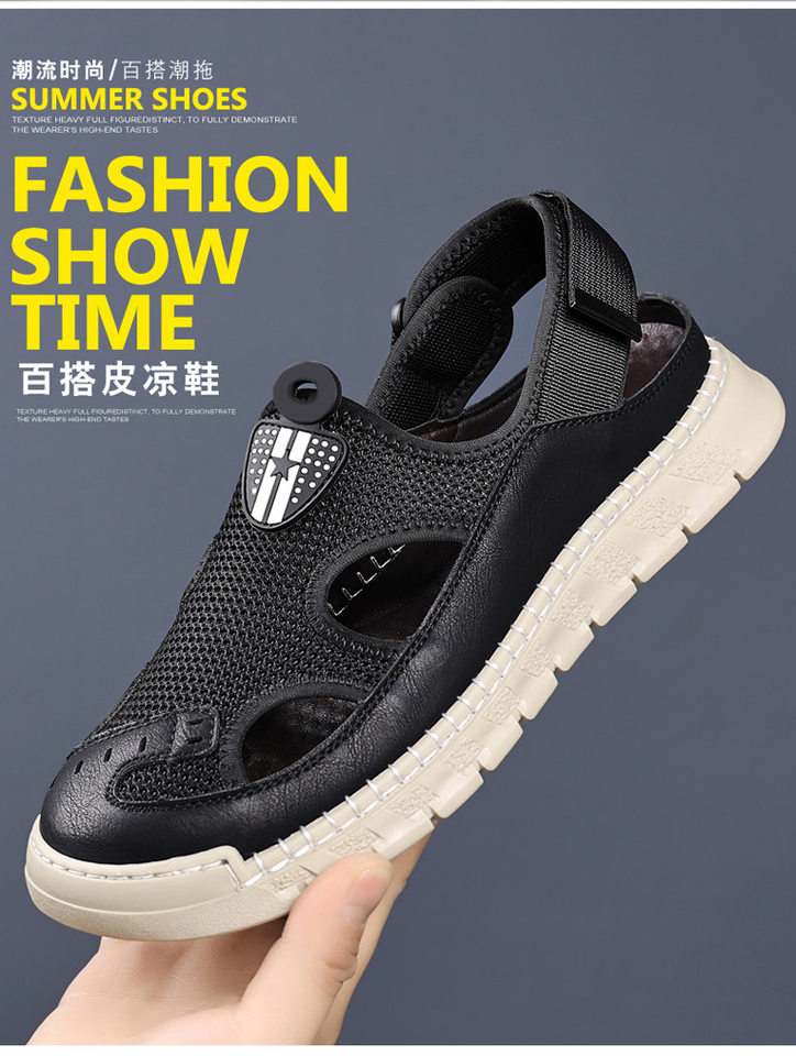 Giày sandal nam thân lưới dệt thoáng khí khoét lỗ, khóa dán, kiểu bao đầu, đi học và đi chơi mùa hè — Màu kaki, màu đen chi tiết 5