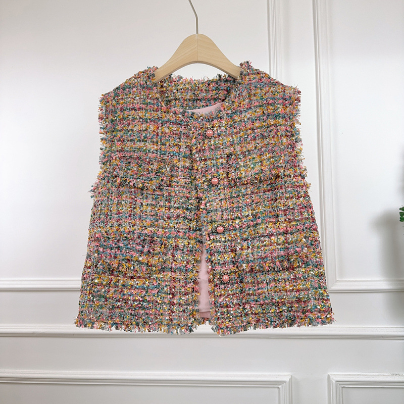 2025 New Style Small Fragrant Colorfulful Tweed Vest Round Neck Pink Button Raw Edge Sleeveless Vest Jacket for Women