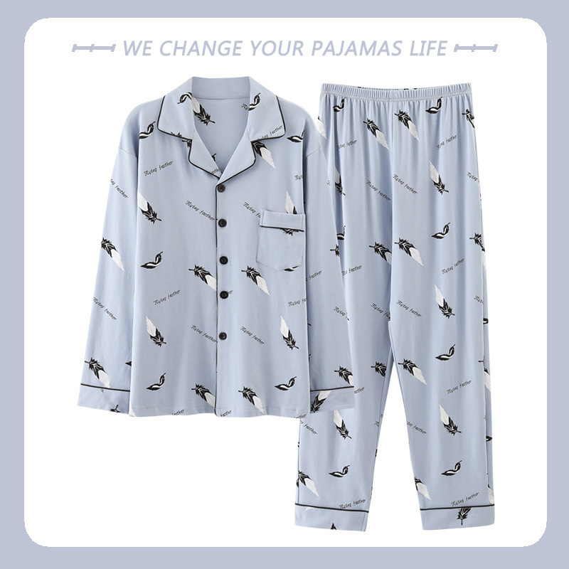 남자 잠옷 긴 소매 봄 및 가을 날 면화 간단한 느슨한 플러스 사이즈 청소년 남성 세트 외부 옷