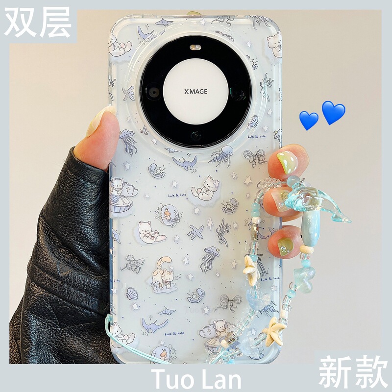 适用华为mate60pro+新款手机壳双层泼墨晕染蓝海洋世界卡通猫咪mate70pro挂绳pura70pro硅胶防摔网红女|undefined