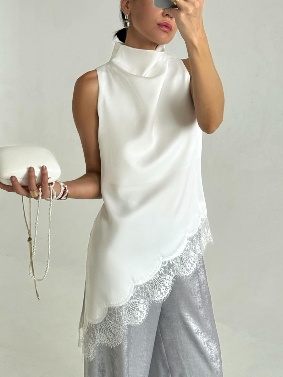 Ärmelloses Satin-top Mit Rollkragen Und Spitzenbesatz Für Damen_voghion.com