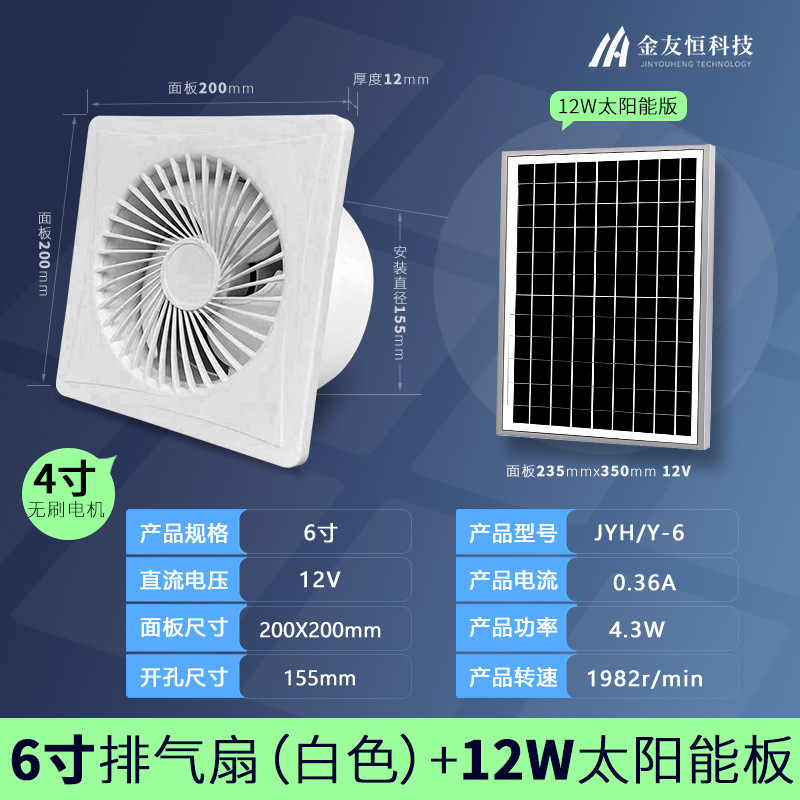 브러시리스 - 신형 원형 6인치 12V 팬 + 12W 태양광 패널