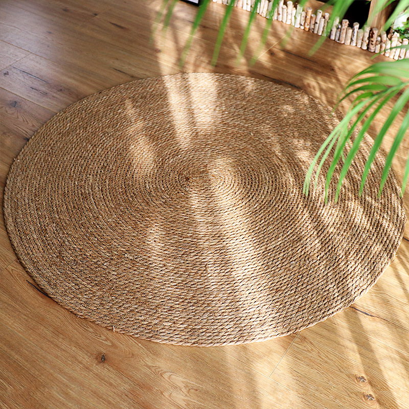 Tapete Redondo de Paja de Lino Circular para Cocina Balcón y Dormitorio