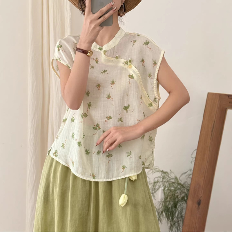 2026 Spring New Style National Style Small Floral Print Patchwork Ramie Shirt Loose Round Neck Pullover Sleeveless Shirt