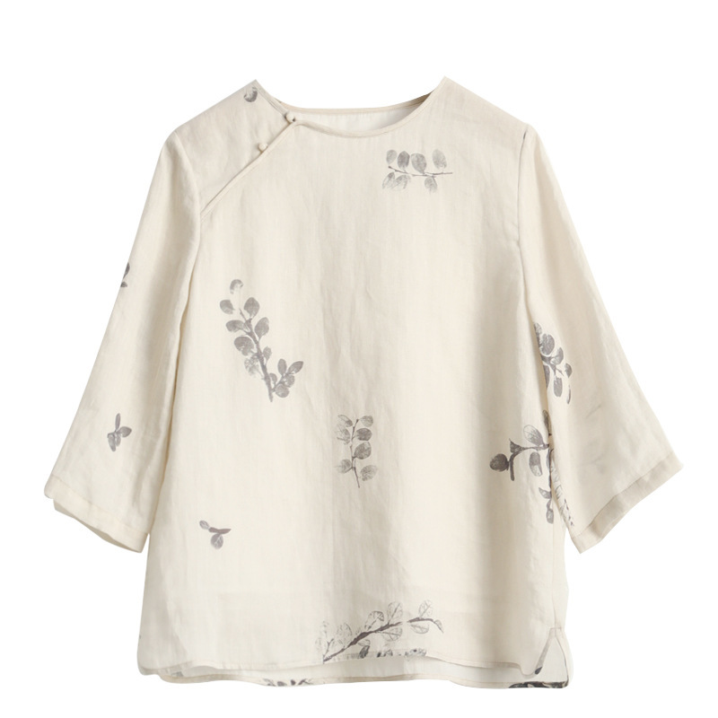 2022 Spring and Summer New Ramie Print Chinese Retro Double Layer Artistic Round Neck Top 2022 Spring and Summer New Ramie Print Chinese Retro Double Layer Artistic Round Neck Top